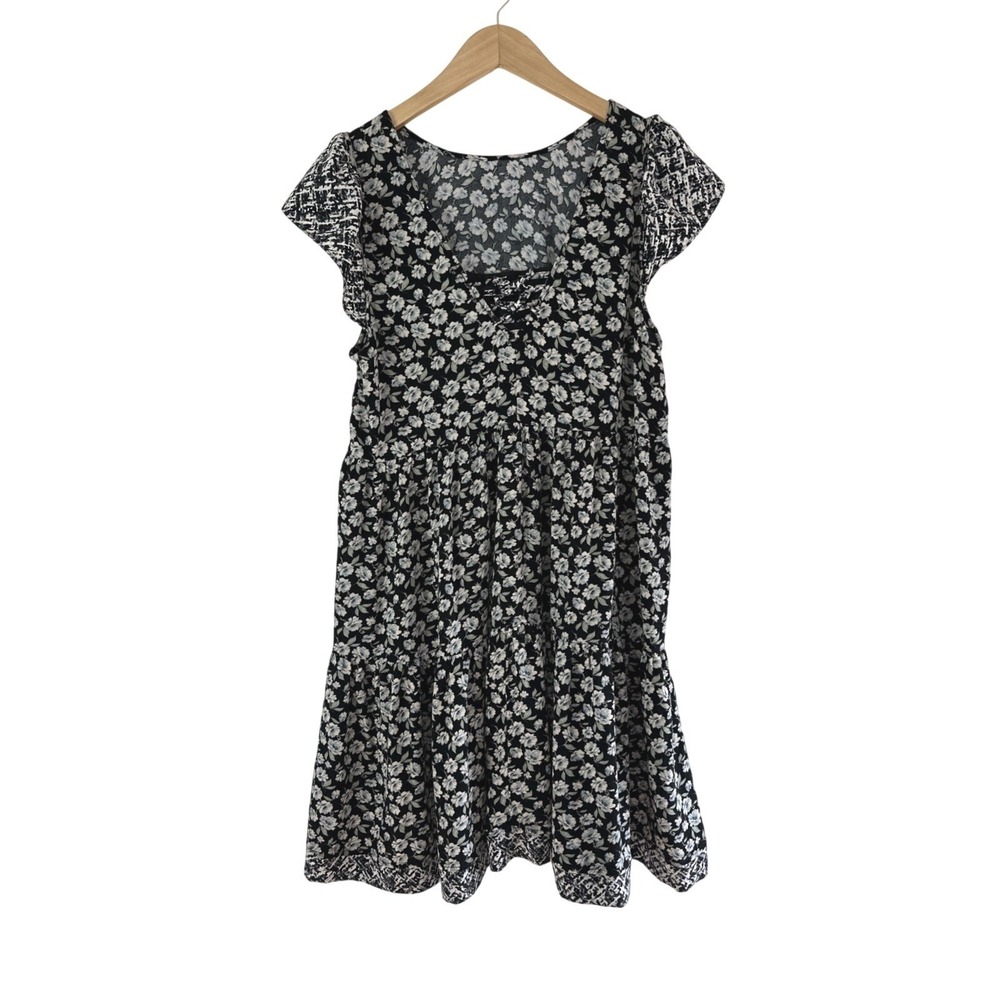 American Eagle Black Floral Dress Womens Large Cottage Prairie Feminine Bows